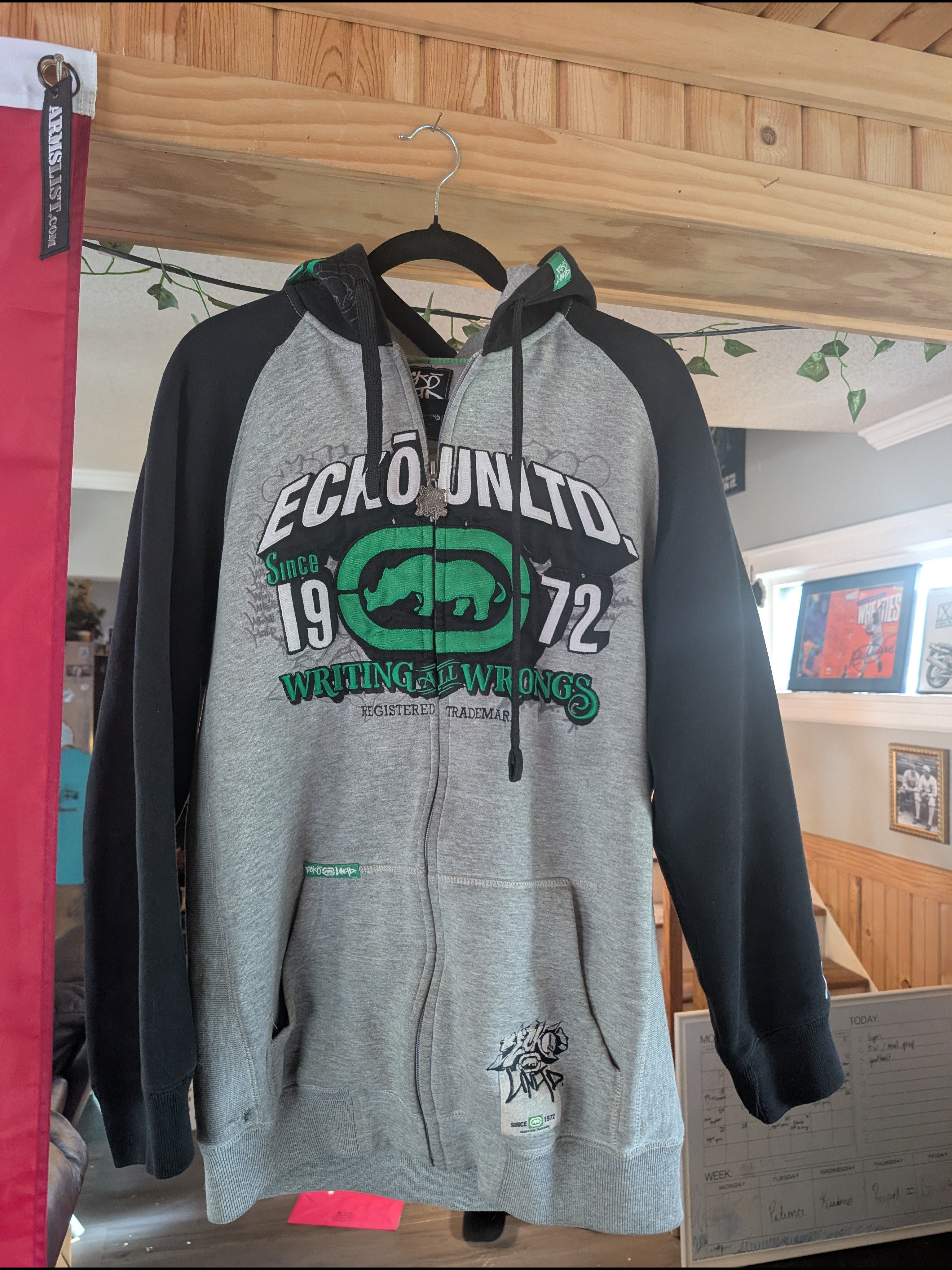 Ecko Unlimited Gray And Black Zip-Up Hoodie With Green Logo
